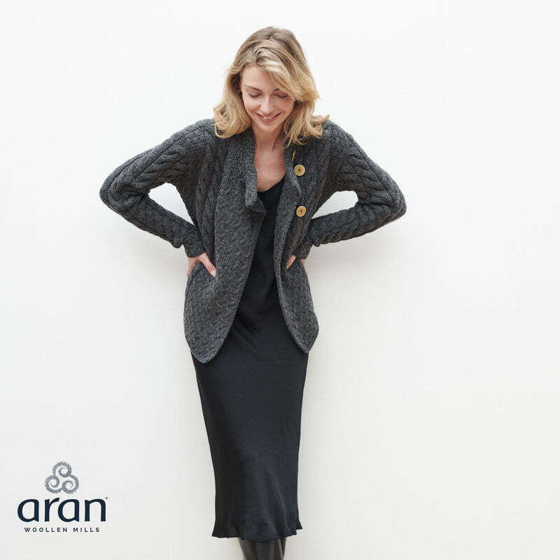 Aran Woollen Mills Ladies Luxury Merino Wool Trellis Multi Aran Cable Knit Cardigan, Charcoal